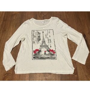 Weekends by Chico's White Eiffel Tower Graphic Long Sleeve T Shirt Size 1